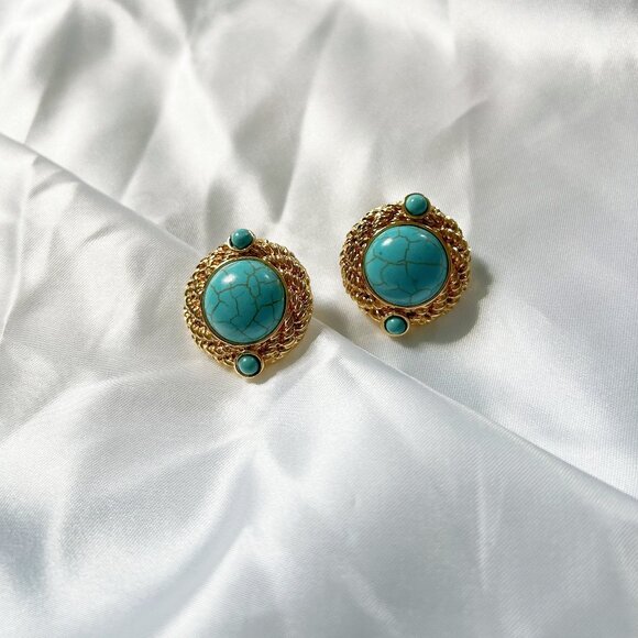 Beautiful Vintage French Designer stud Earrings Turquoise stone Zircon women - Picture 1 of 3